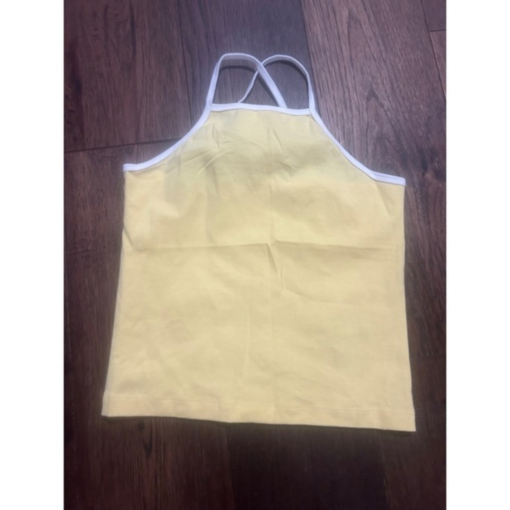 Ellemenno Yellow Ringer Cami Tank Top White Trim Cross Back NWT Size L Y2K